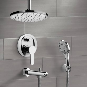 Tub and Shower Faucet Chrome Tub and Shower Set with Rain Ceiling Shower Head and Hand Shower Remer TSH37